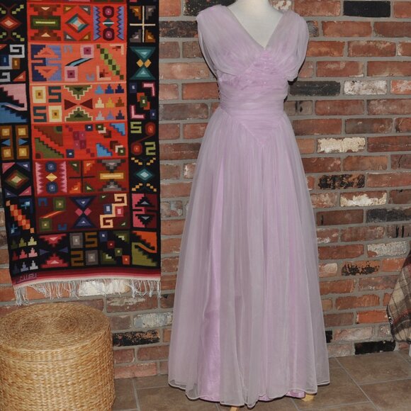 Vintage 50s Pink Ruched Tulle Layer Crinoline Grad Prom Gown Dress XS Waist 24" - Picture 5 of 13
